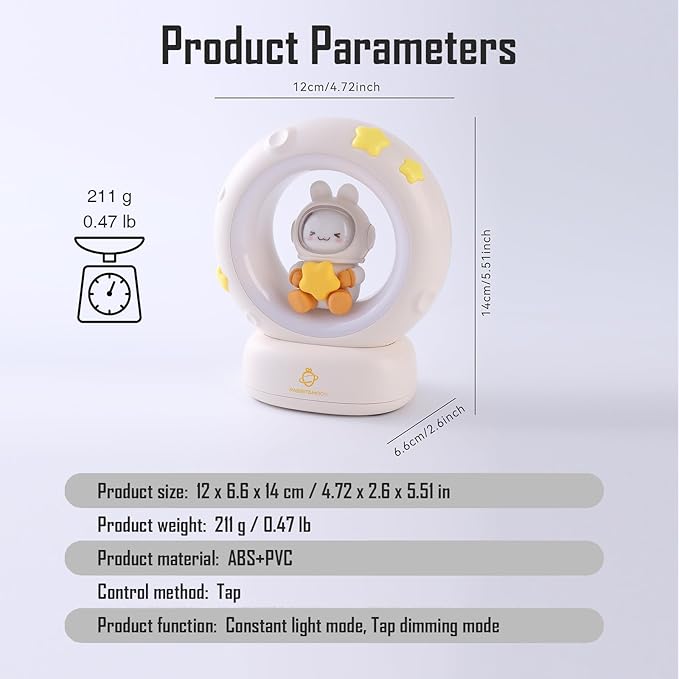 Moon and Bunny Rechargeable Night Light, Safe PVC and ABS Material, 3 Brightness Levels, Tap Control, Warm Light, Toddler Sleeping Lamp, Bedroom Night Lamp, Gift for Baby and Kid (Moon and Bunny)