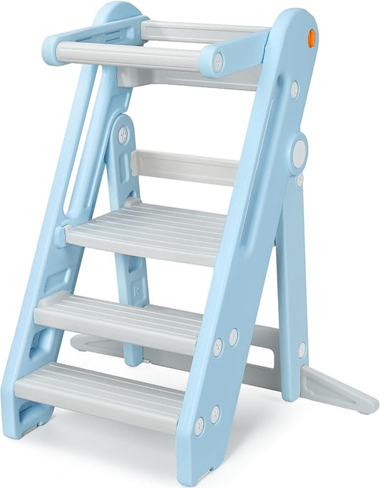 Onasti Toddler Tower Kitchen Stool Helper, Foldable & Adjustable Height Kids Learning Stool for Kitchen Counter Bathroom Sink, Child Ladder for Toddlers with Handles, Safty Rail, Non-Slip Pads-Blue