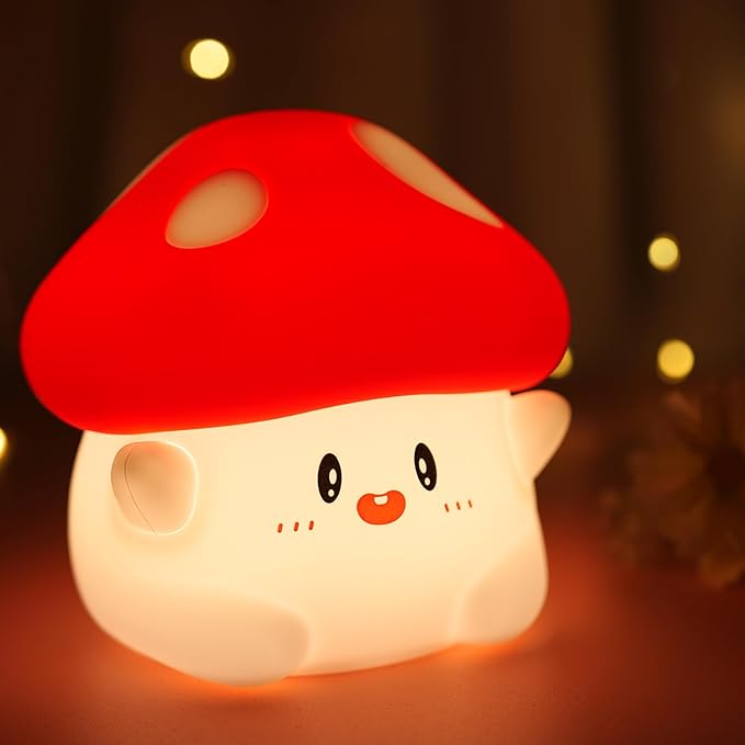 Mushroom Night Light Lamp Silicone Squishy Cute Nursery Nightlight Rechargeable Bedside Lamp with Timer & Tap Control, Christmas Gift