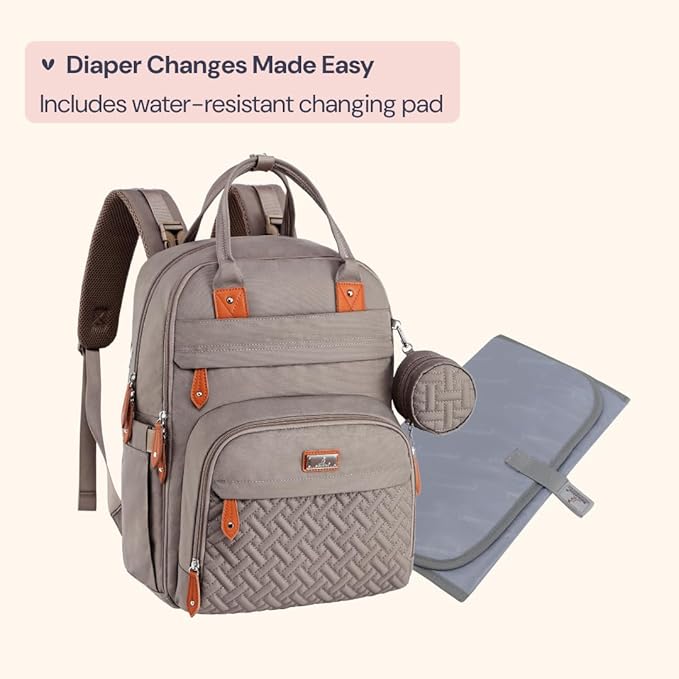 BabbleRoo Diaper Bag Backpack - Baby Essentials Travel Tote - Multi Function Water Resistant Diaper Bag, Travel Essentials Baby Bag with Changing Pad, Stroller Straps & Pacifier Case - Unisex, Khaki