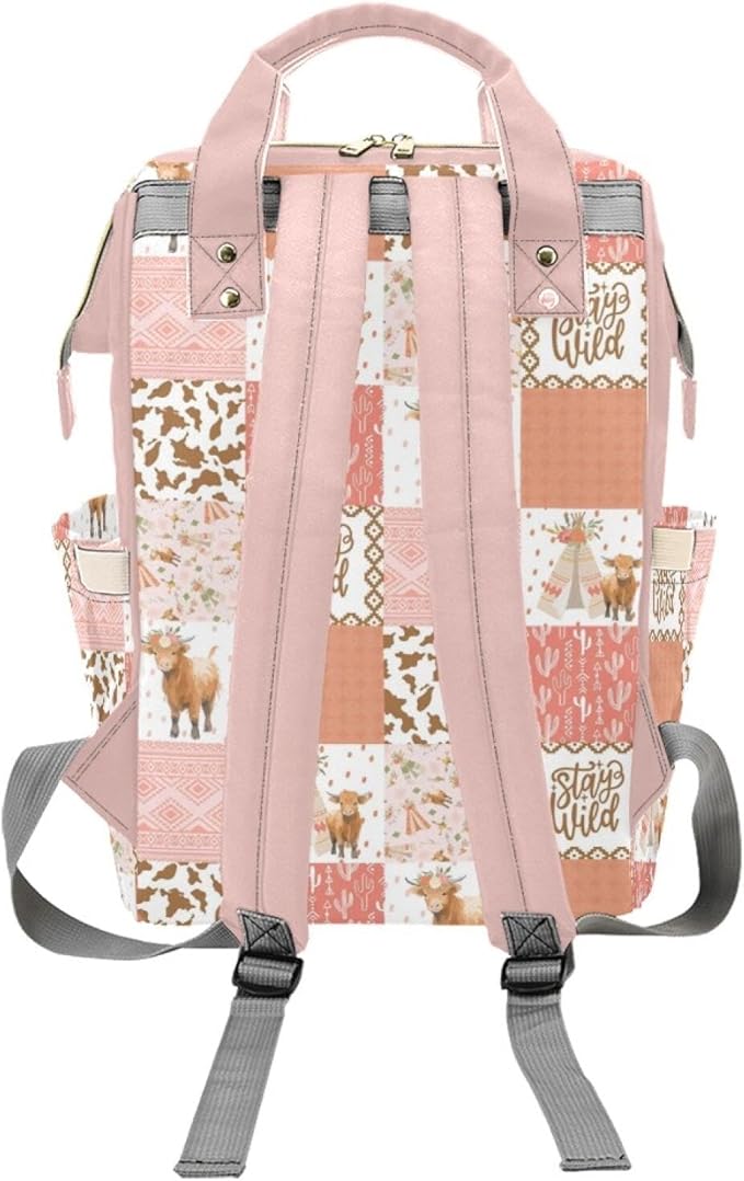 Personalized Highland Cow Pink Diaper Bag with Name – Custom Baby Bag, Nursing Tote Backpack for Mom, Custom Name Mommy Daypack, Shower Gift for Baby