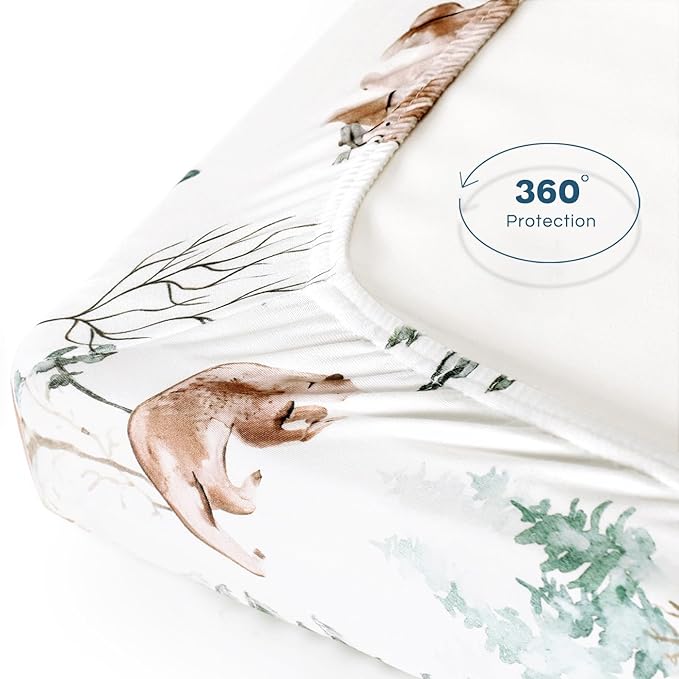 Stretchy Ultra Soft Jersey Knit Fitted Pack n Play Sheets 3 Pack, Portable/Mini Crib Sheets for Boys and Girls, Universal Fit for Pack N Plays Safe and Snug, Stylish Pattern of Bear and Wolf Print