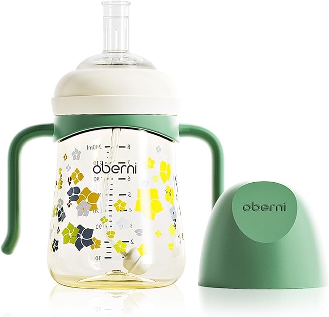 PPSU No Spill Sippy cups,Weighted Straw Toddler Water Bottle with Handle,Spill Proof Toddler Cup with Leakproof Spout for Baby 6-12 Months and Toddlers 1-3 (8 Ounce, Green, 1 Pack)