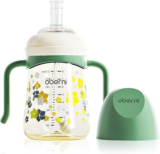 PPSU No Spill Sippy cups,Weighted Straw Toddler Water Bottle with Handle,Spill Proof Toddler Cup with Leakproof Spout for Baby 6-12 Months and Toddlers 1-3 (8 Ounce, Green, 1 Pack)