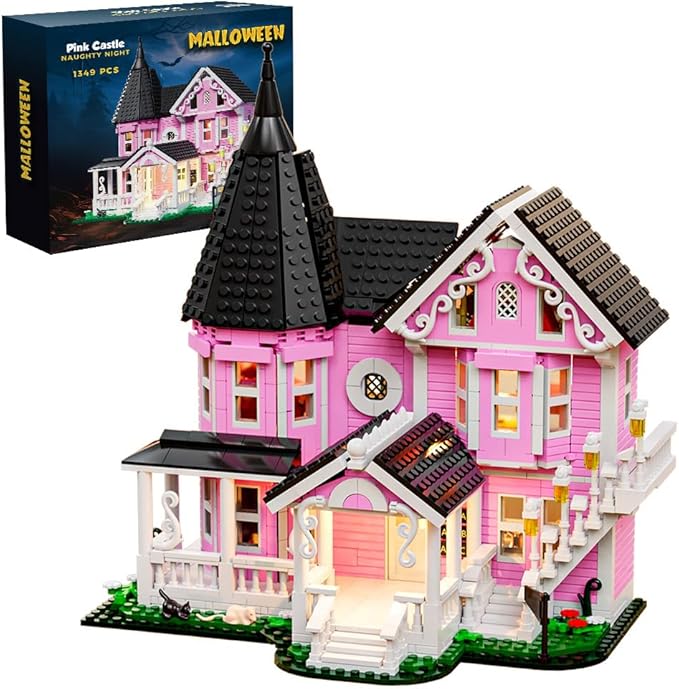 1349PCS Pink Palace House Building Set, Halloween Haunted House Blocks Toy, with Lights Christmas for Teens Girls 12+ ，Halloween House Kit for Kids Adults