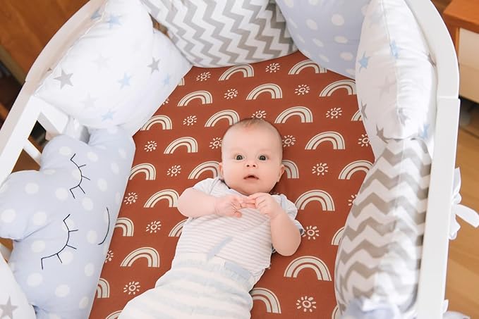 Jola's House 4 Pack Boho Bassinet Sheets - Sunshine & Rainbow Design - Neutral Unisex - Fitted Baby Bassinet Sheets