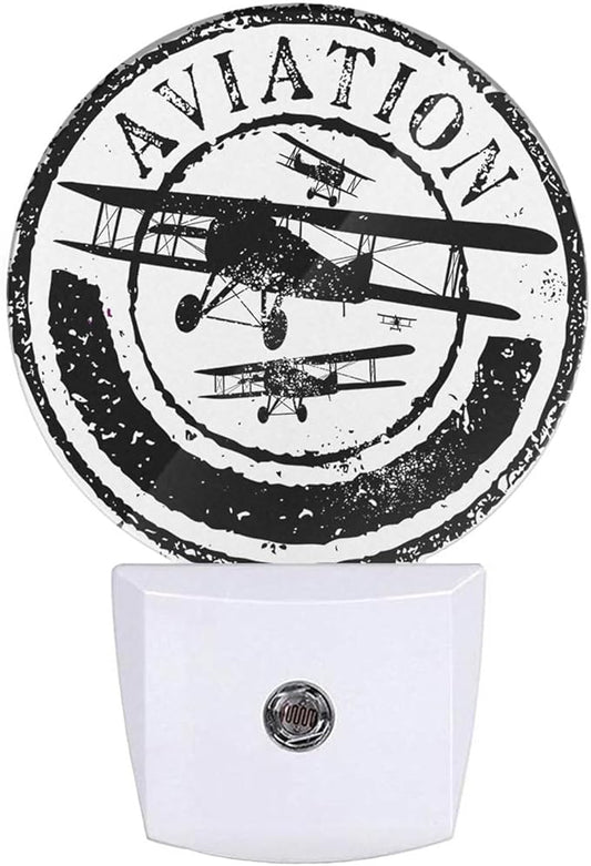 Vintage Airplane Night Light Aviation Rubber Stamp Black White Night Lights Plug into Wall with Dusk to Dawn Sensor Sleep Friendly lamp for Men/Women/Girls/Boys Gift