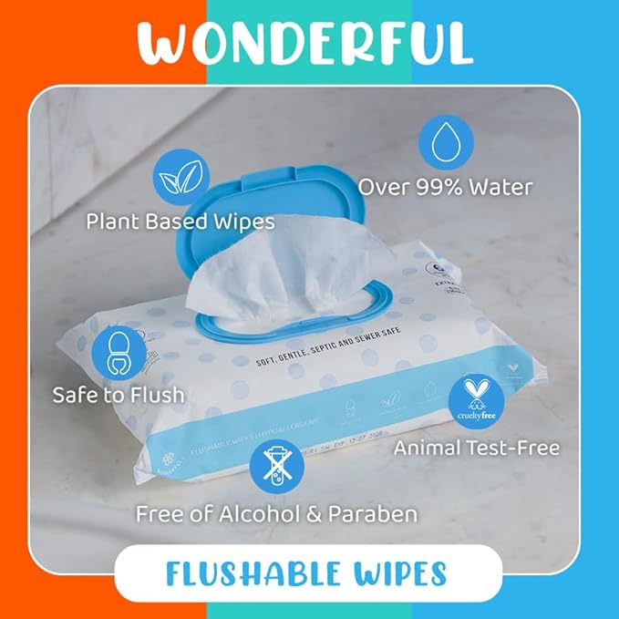 WONDERFUL Flushable Butt Wipes, Variety 100% Plant-Based Wet Wipes for Adults & Kids; Sewer, Septic Safe; Gentle for Sensitive Skin, Wipes Flushable Pack for Bathroom & Travel, 3-Pack (180 Wipes)