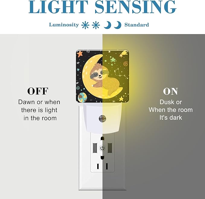 Night Light for Kids Girls Boys, Cute Baby Sloth Sleeping on Moon LED Night Light Plug into Wall with Dusk to Dawn Sensor for Room Decor, Hallway, Kitchen, Bathroom, Nursery, Stairs