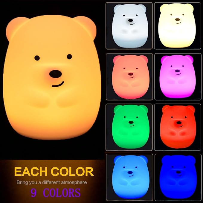 Large Bear Night Light for Kids, Silicone nightlights Bedside Table Lamps Baby Bedroom Lighting Nursery Children's Bed Lights - Eye Caring, Adjustable Brightness & Color, Time Setting - Large