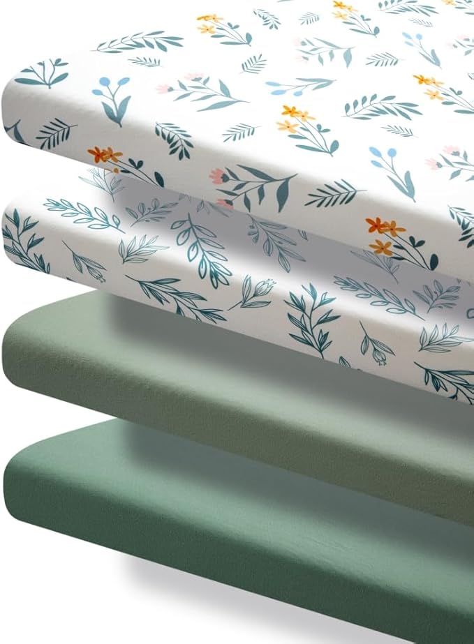 Nursery Sheets - 4 Pack Sage Green Fitted Breathable Unisex Baby Sheets with Leaf and Flower Design for Mini Crib