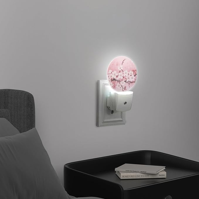 Round LED Night Lights Lamp with Dusk to Dawn Sensor, Delicate Pink Background with Cherry Blossoms Night Light Plug Into Wall for Kids Room, Bedroom, Bathroom, Kitchen, Hallway