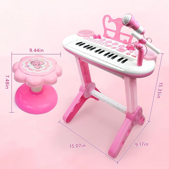 31-Key Rose Pink Kids Piano Toy Keyboard with Bench - Portable Electronic Multi-Functional Music Instrument with Microphone, Ideal Christmas & Birthday Gift for Girls & Kids Aged 3-5 Years Old