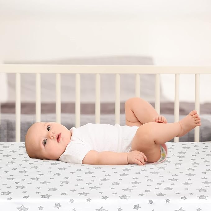 Pack and Play Sheets, 2 Pack Mini Crib Sheets, Stretchy Playard Fitted Sheet, Compatible with Graco Pack n Play, Soft and Breathable Material, Grey & White