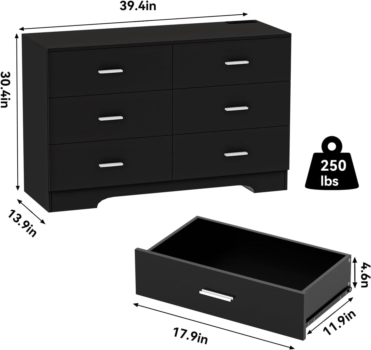 Dresser with Power Outlets Wooden 6 Drawer Dresser with USB and Type C Port Chest of Drawers for Bedroom Tall Black Organizer Storage for Living Room Hallway Closet
