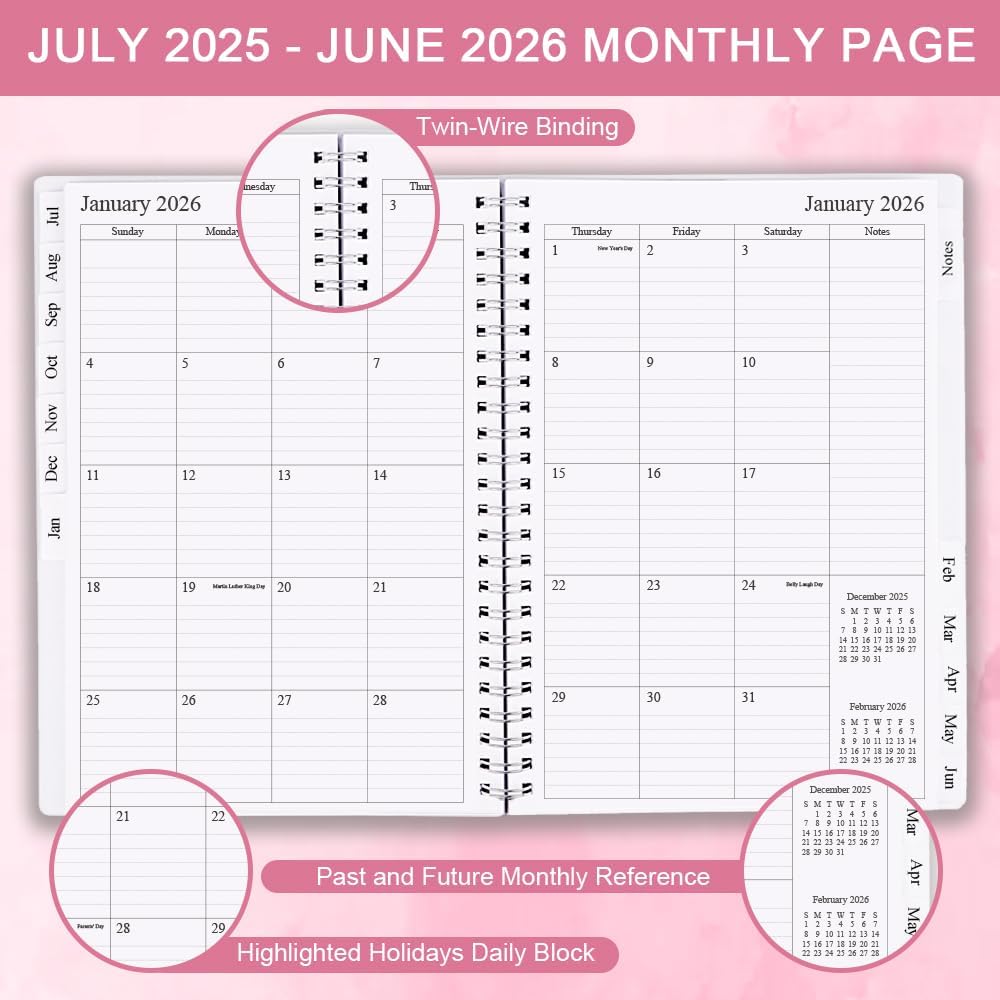 2025-2026 Planner - Weekly & Monthly Planner Runs Jul 2025 to Jun 2026, 6.25" x 8.25", 12 Monthly Tabs, 14 Notes Page, Plastic Pocket, Flexible Cover with Twin-Wire Binding, Planners 2025-2026