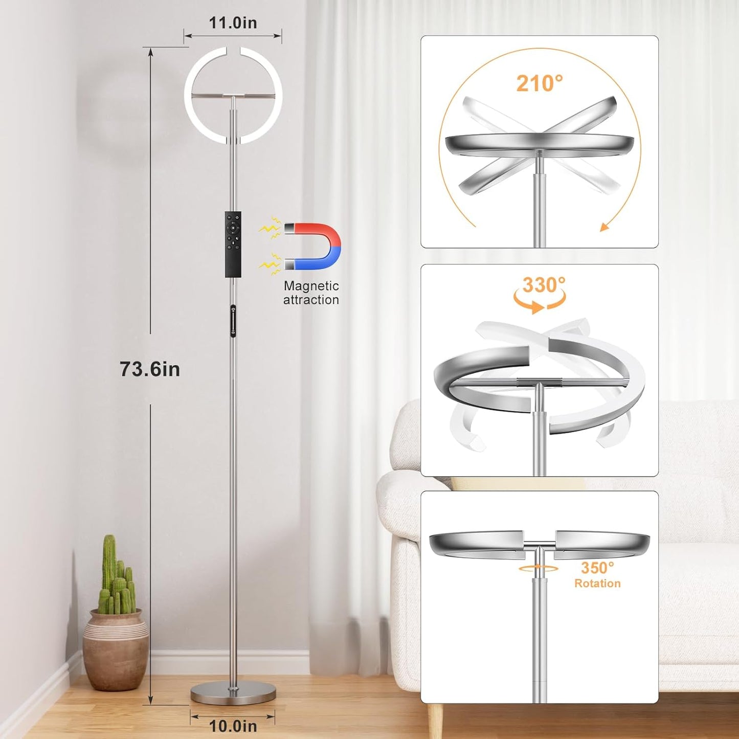 Floor Lamps for Living Room, 40W/2400LM LED Floor Lamp with Touch & Remote Control, 70" Tall Standing Lamp Stepless Dimmable, Modern Torchiere Corner Lamp for Bedroom, Office - Silver Grey