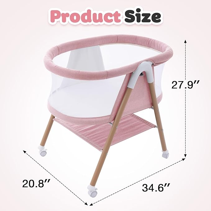 Baby bassinets,3 in1 Baby Crib, Sturdy, Portable & Easy to Assemble,Mosquito net and Portable Bag Included. (Pink)