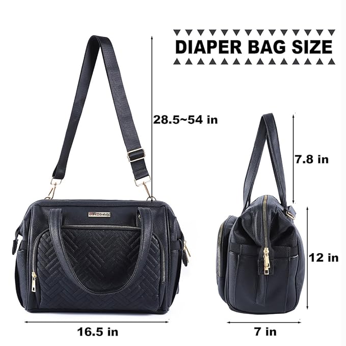 Diaper Bag Tote, with 12 Pocket Mom Bag, 16" Large Leather Baby Bags Convenient to Carry Diapers, Wet Wipes, and Bottles (Black)