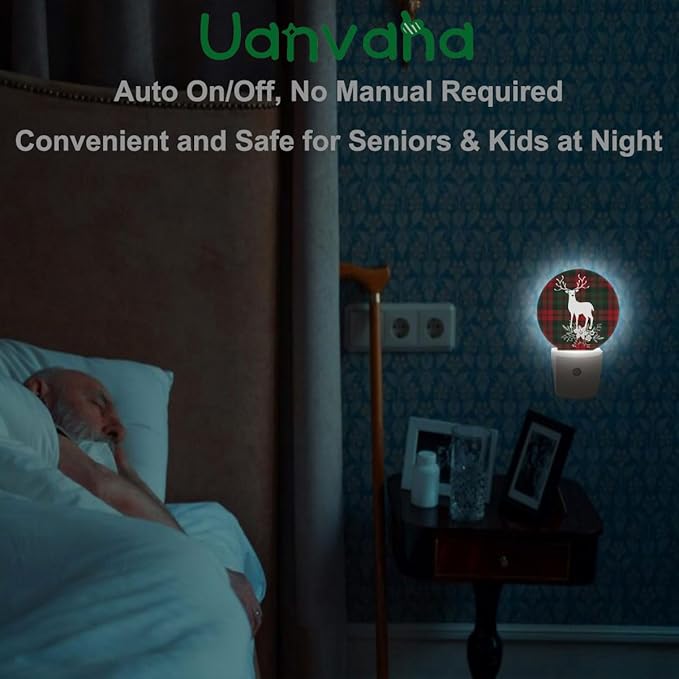 Tartan Checkered Plaid Nightlights Plug-in Reindeer with Christmas Bouquet Floral, Red Green Night Light Auto Dusk-to-Dawn Sensor Lamp for Boys Girls Bedroom Playroom, LEDLAMP3027