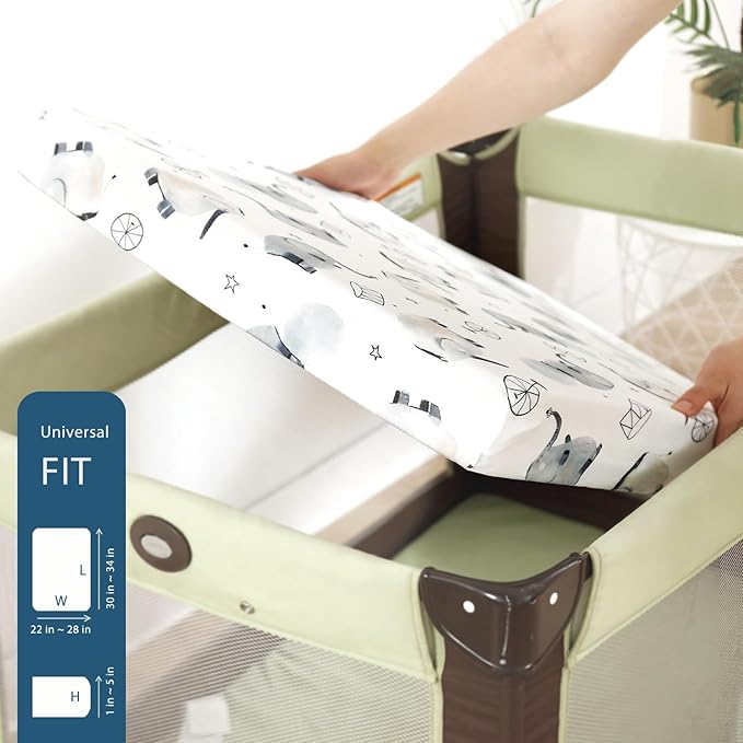 GRSSDER Pack n Play Sheets Fitted 3 Pack, Stretchy Ultra Soft Jersey Knit Pack and Play Sheets, Universal Fitted Portable/Mini Crib Mattresses Snug and Safe, Cute Elephant Print for Boys and Girls