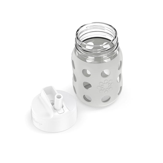 Lifefactory 8-Ounce Wide Neck Glass Baby Bottle with Protective Silicone Sleeve and Pivot Straw Cap, Stone Gray (LG2241WCG4)