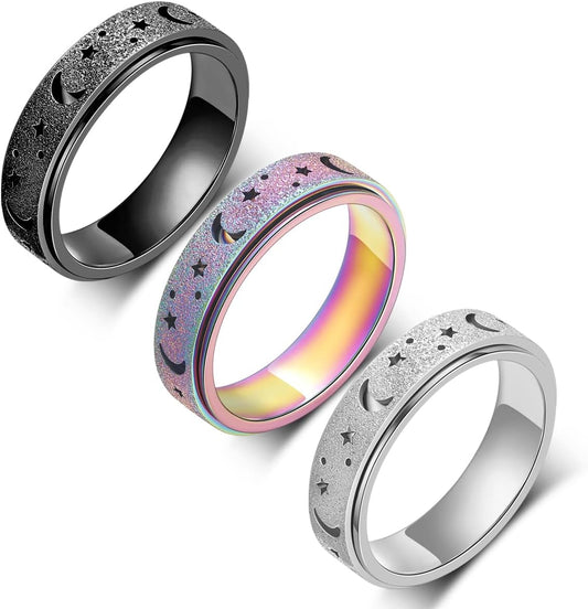 Anxiety Ring for Women Men, Titanium Stainless Steel Spinner Ring, 5 Colors, 6MM, Size 6-10, 3 Styles Anxiety Ring-Moon Star, Sandblasted Finished, Hollow Outer