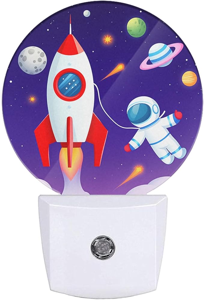 EKOBLA Astronaut and Rocket Night Lights Plug into Wall Outer Space Planets Universe Cartoon LED Dusk to Dawn Plug-in Nightlights Auto Sensor for Home Indoor Teen Boys Bedroom Bathroom