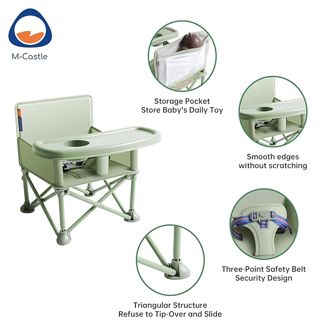 New Portable Travel Booster Seat with Tray|Foldable Infant Seat Booster Dining Chair|Great for Camping, Beach, Lawn|Toddler, Child Camping Chair 6 Months - 3 Years Old (Green)