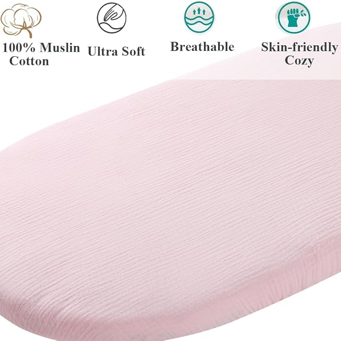 Muslin Bassinet Sheet Compatible with AMKE 3 in 1 Bassinet(35 X 20), Milliard, TCBunny Bassinet, 2 Pack Cotton Stylish Boho Fitted Bassinet Sheets for Baby White & Pink