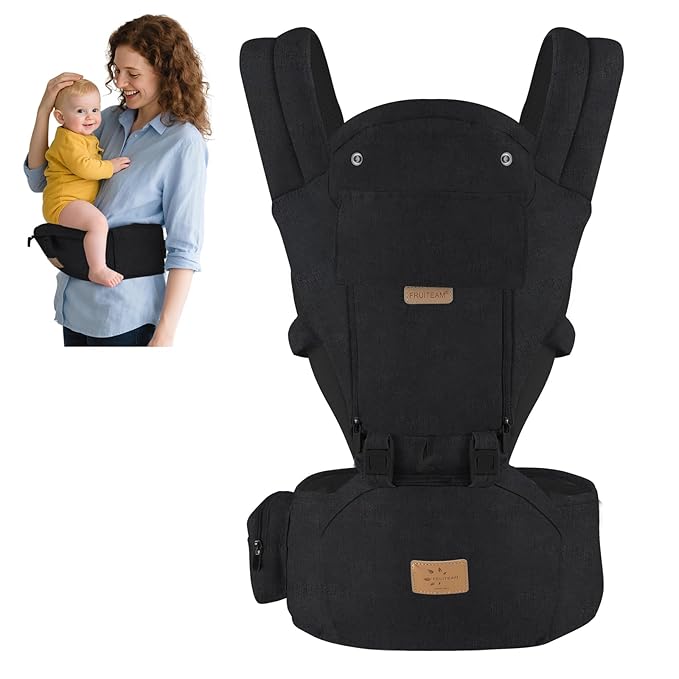 FRUITEAM 6-in-1 Baby Carrier with Hip Seat for Breastfeeding, All Seasons, All Position Adjustable Baby Chest Carrier with Lumbar Support, Adapt to Newborn, Infant & Toddler (Cool Black)