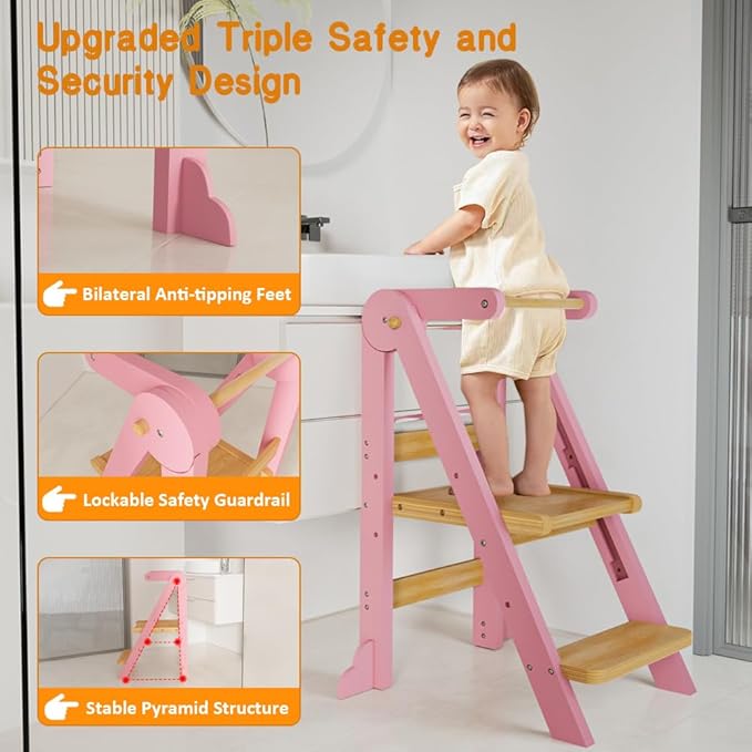 Toddler Tower, Step Stool for Toddlers, Toddler Kitchen Stool Helper with 3 Adjustable Height Safty Rail and Anti-Tip Structure, Learning Tower for Toddlers Baby Kids