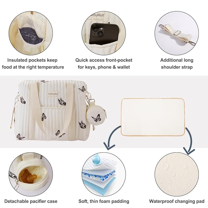 Large Diaper Bag Tote, Maternity Travel diaper tote, Multifunction baby bag, Baby Nappy Bags, Messenger bag (Medium - Beige Butterflies)