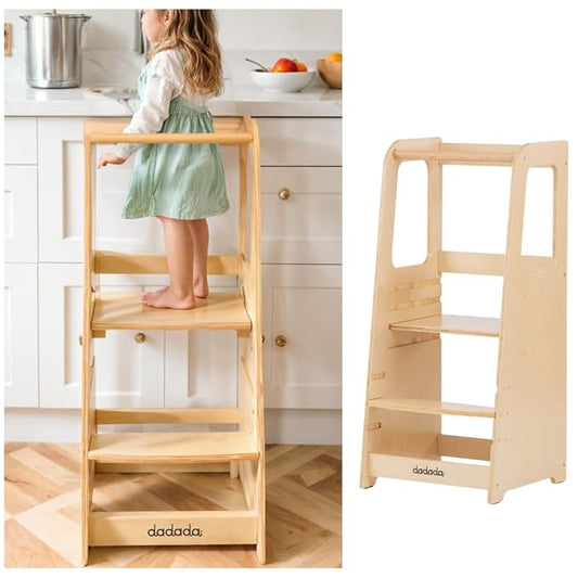 dadada Baby Montessori Toddler Tower - Adjustable Kitchen Step Stool for Kids with Safety Rail - Baby-Safe Finish, Encourages Cooking Skills and Independence - Natural