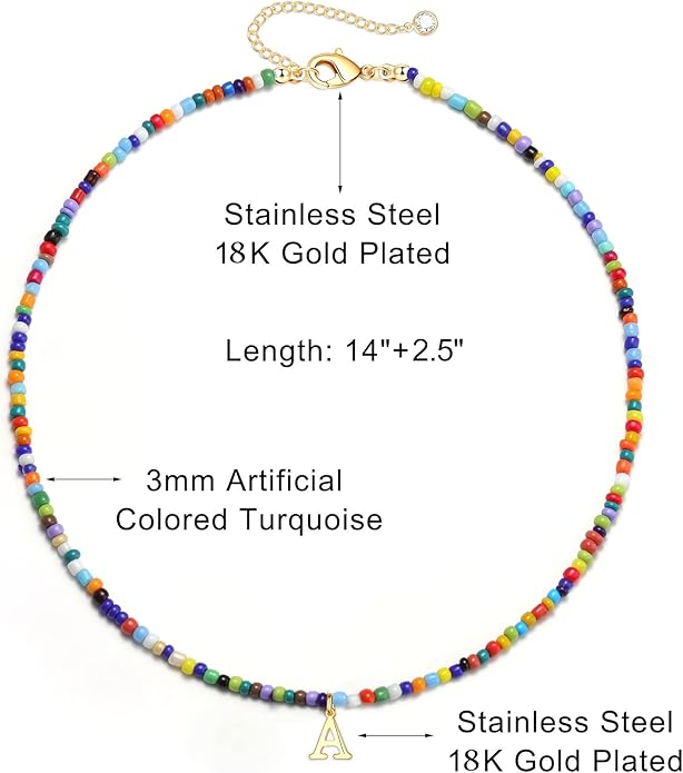 Yoosteel Colorful Beaded Initial Necklaces for Girls Gifts - Cute Initial Necklaces for Girls Kids Jewelry A-Z Letter Choker Necklace for Women Birthday Gifts for Teens Daughter Niece Granddaughter