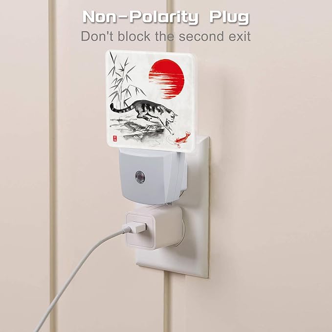 Watercolor Cat and Koi Fish Night Light, Red Sun Bamboo Ink Painting Dusk to Dawn Night Light Plug in,0.5w Energy Saving Sleep Friendly NightLight for Kids Boys Girls Home Decor