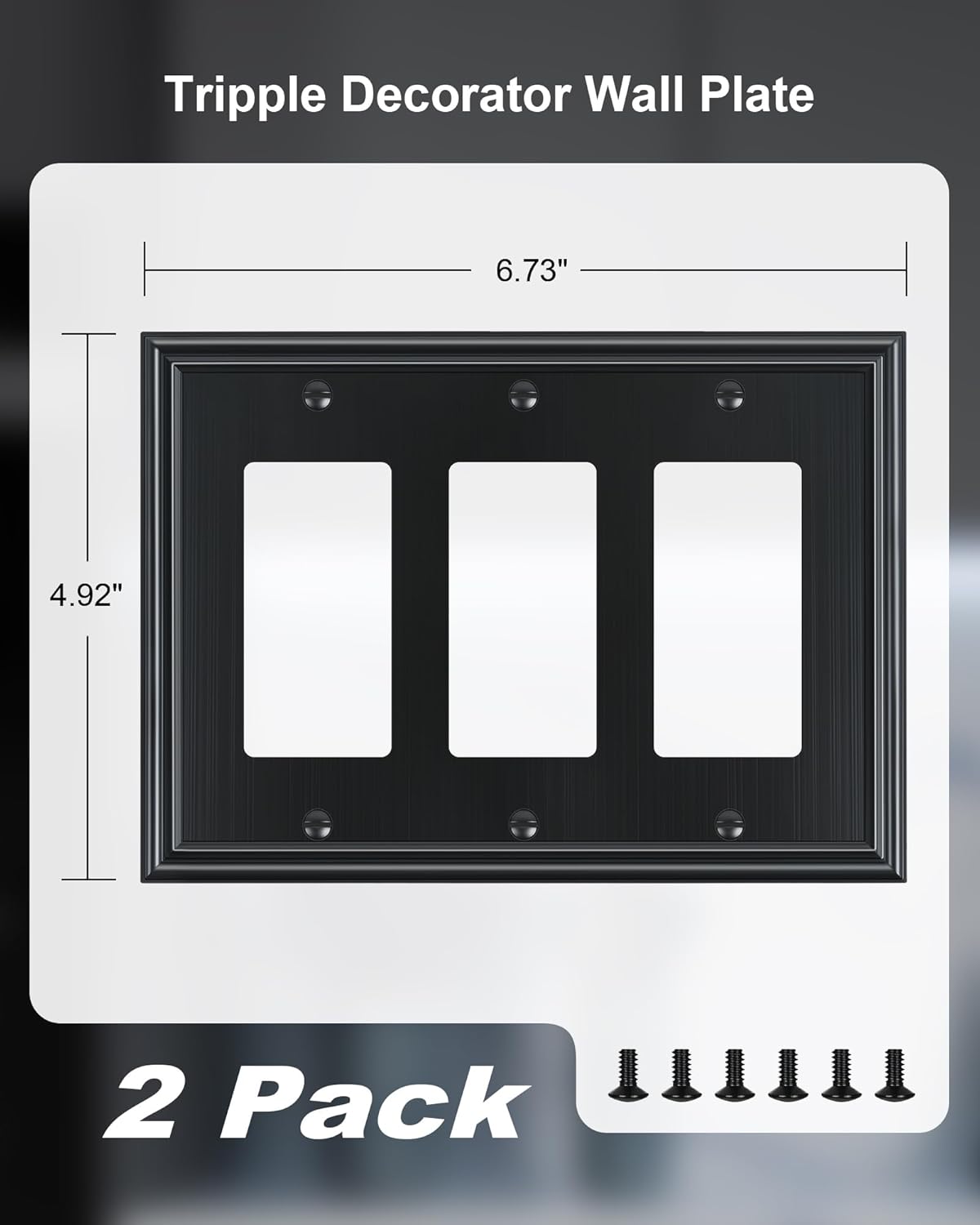 2-Pack Decorative Tripple Decorator Outlet Cover Plate, Durable Zinc Alloy Black Wall Plates for Electrical Outlets, Receptacle, GFCI Outlet, Dimmer Switch, 3-Gang, Corrosion Resistant