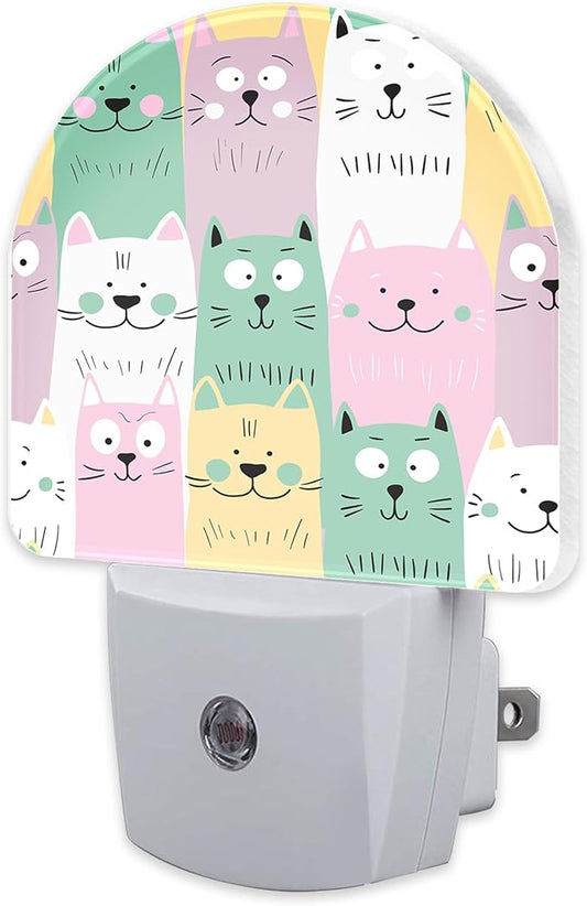 Colorful Cartoon Cats Night Light, Cute Childish Kittens Dusk to Dawn Night Light Plug in, 0.5w Energy Saving Sleep Friendly NightLight for Kids Boys Girls Home Decor