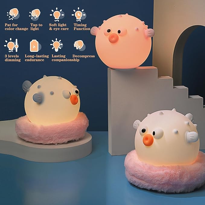 Cute Anemonefish Night Light, LED Squishy Night Lamp, Dimmable Timer Nursery Nightlight for Kids, Rechargeable Touch Lamp, Dorm Decor, Kids Funny Gifts (Blue Fish)