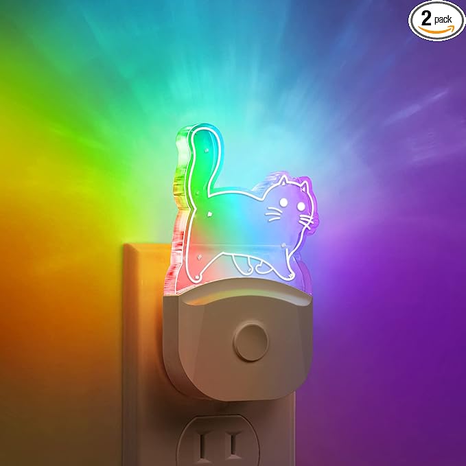 DORESshop Cat Night Light [2 Pack], Kids Night Light with 8-Color RGB, Plug in, Dusk-to-Dawn Sensor, Rainbow LED Baby Night Light for Bathroom, Cute Room Decor,Boys Girls Gift