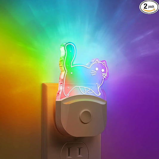 DORESshop Cat Night Light [2 Pack], Kids Night Light with 8-Color RGB, Plug in, Dusk-to-Dawn Sensor, Rainbow LED Baby Night Light for Bathroom, Cute Room Decor,Boys Girls Gift