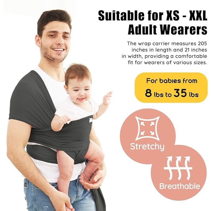 Acrabros Baby Wrap Carrier,Hands Free Baby Carrier Sling,Lightweight,Breathable,Softness,Perfect for Newborn Infants and Babies Shower Gift,Charcoal Grey