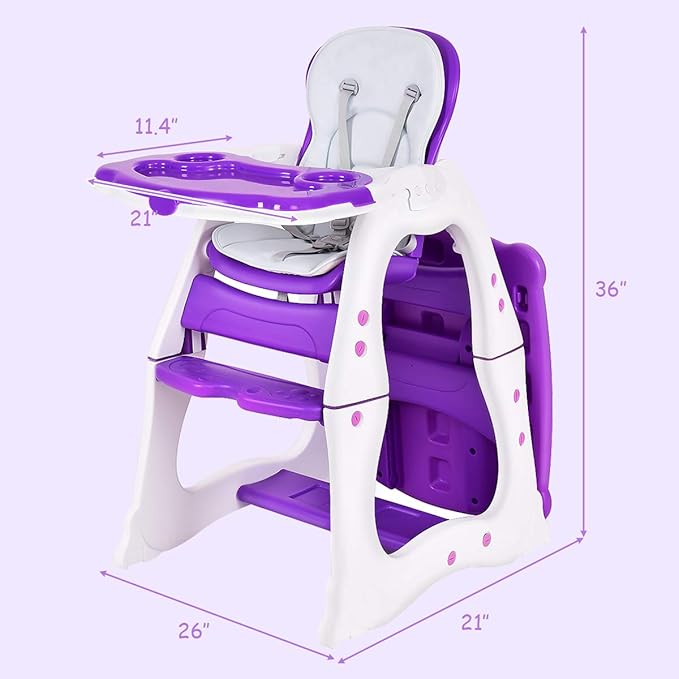 Costzon Baby High Chair, 3 in 1 Infant Table and Chair Set, Convertible Booster Seat with 3-Position Adjustable Feeding Tray, Adjustable Seat Back, 5-Point Harness (Purple)