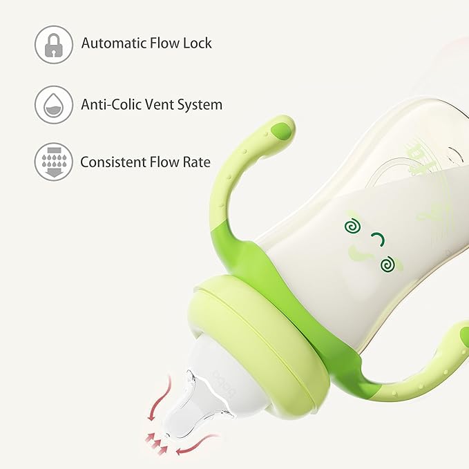 YOHKOH Natural PPSU Baby Bottle with Natural Response Nipple, Newborn Anti-Colic Baby Bottles with Handle, Wide Neck Mushroom Cap Baby Bottle (8.8oz (Pack of 4), Green1)