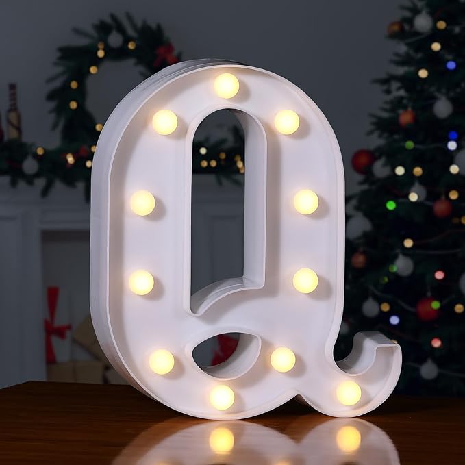 Foaky LED Letter Lights Sign Marquee Light Up Letters Sign for Night Light Wedding/Birthday Party Battery Powered Christmas Lamp Home Bar Decoration(Q)