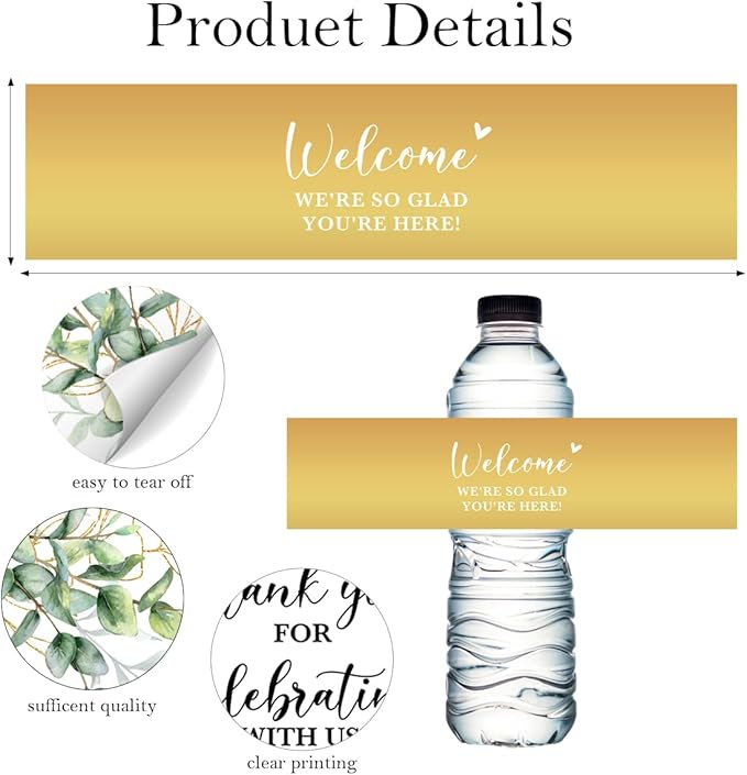100PCS Wedding Water Bottle Labels Waterproof Greenery Floral Wraps Sticker for Water Bottle Baby Shower Bottle Label for Bridal Shower Party Thanks（Glod）