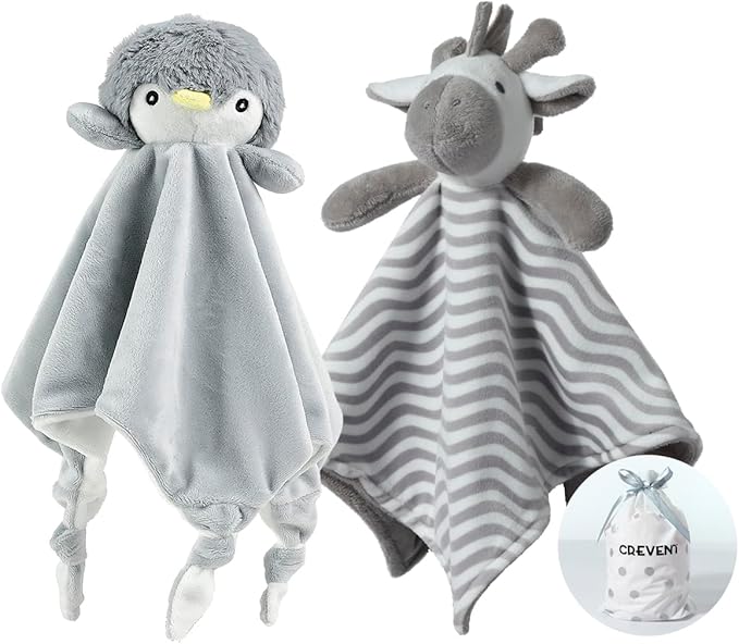 CREVENT Cozy Plush Baby Security Blanket, Loveys for Baby Girls and Boys, Birthday (Zebra + Penguin)