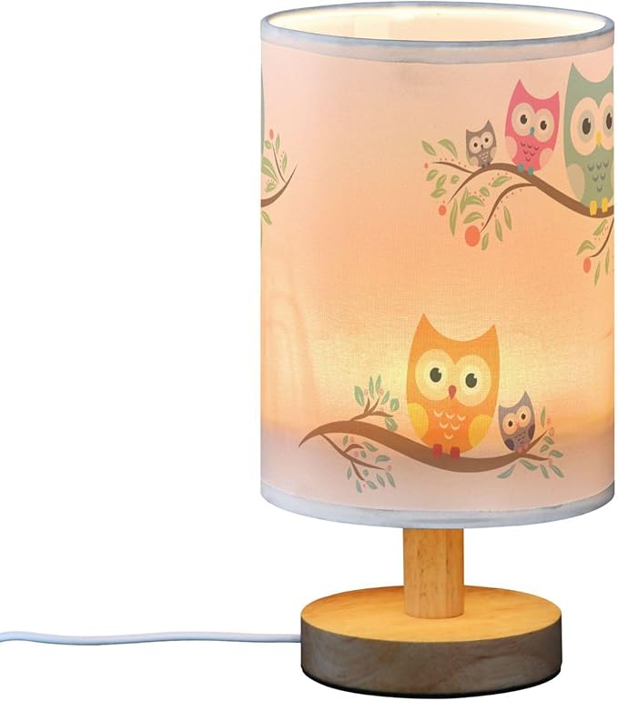 Table Lamp Cute Cartoon Owl with Baby Child on Tree Branch Nightstand Lamp with Wood Base Fabric Lamp Shade Bedside Desk Lamp for Living Room Bedroom Kids Room Office
