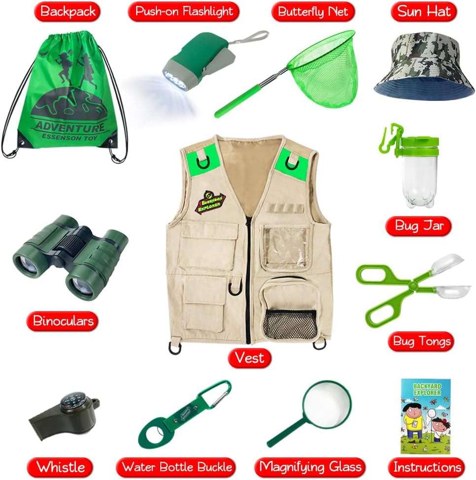ESSENSON Outdoor Explorer Kit & Bug Catcher Kit with Vest, Outdoor Toy Gift for 3 4 5 6 7 8+ Year Old Boys Girls Kids Binoculars, Magnifying Glass, Butterfly Net, Camping, Adventure