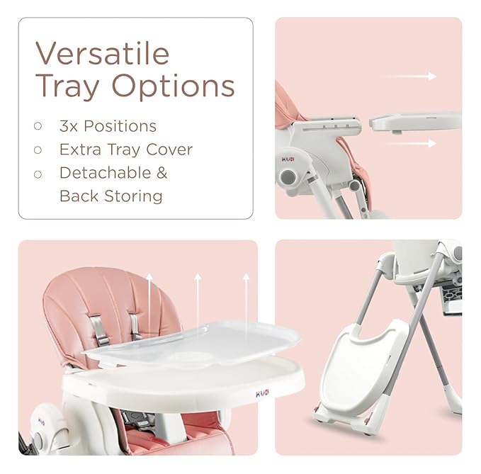 KÜB 3-in-1 Foldable Baby High Chair, 7 Height & 4 Recline Adjustable Seat & Tray for Easy Clean, 2 Locking Wheels, Multifunctional Infant High Chairs for Babies and Toddlers (Pink, with Toys)